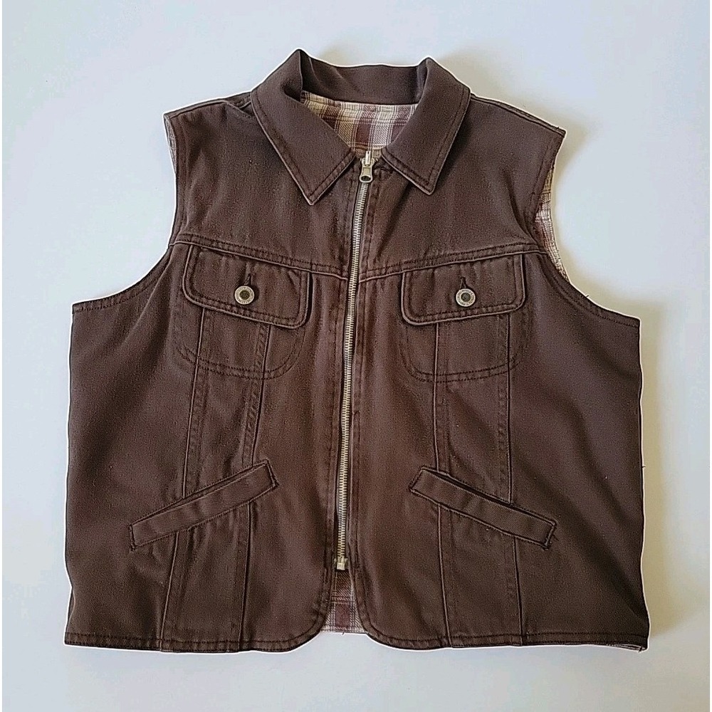 St Johns Bay Vintage Reversible Vest Petite Medium Brown Denim Flannel Full Zip